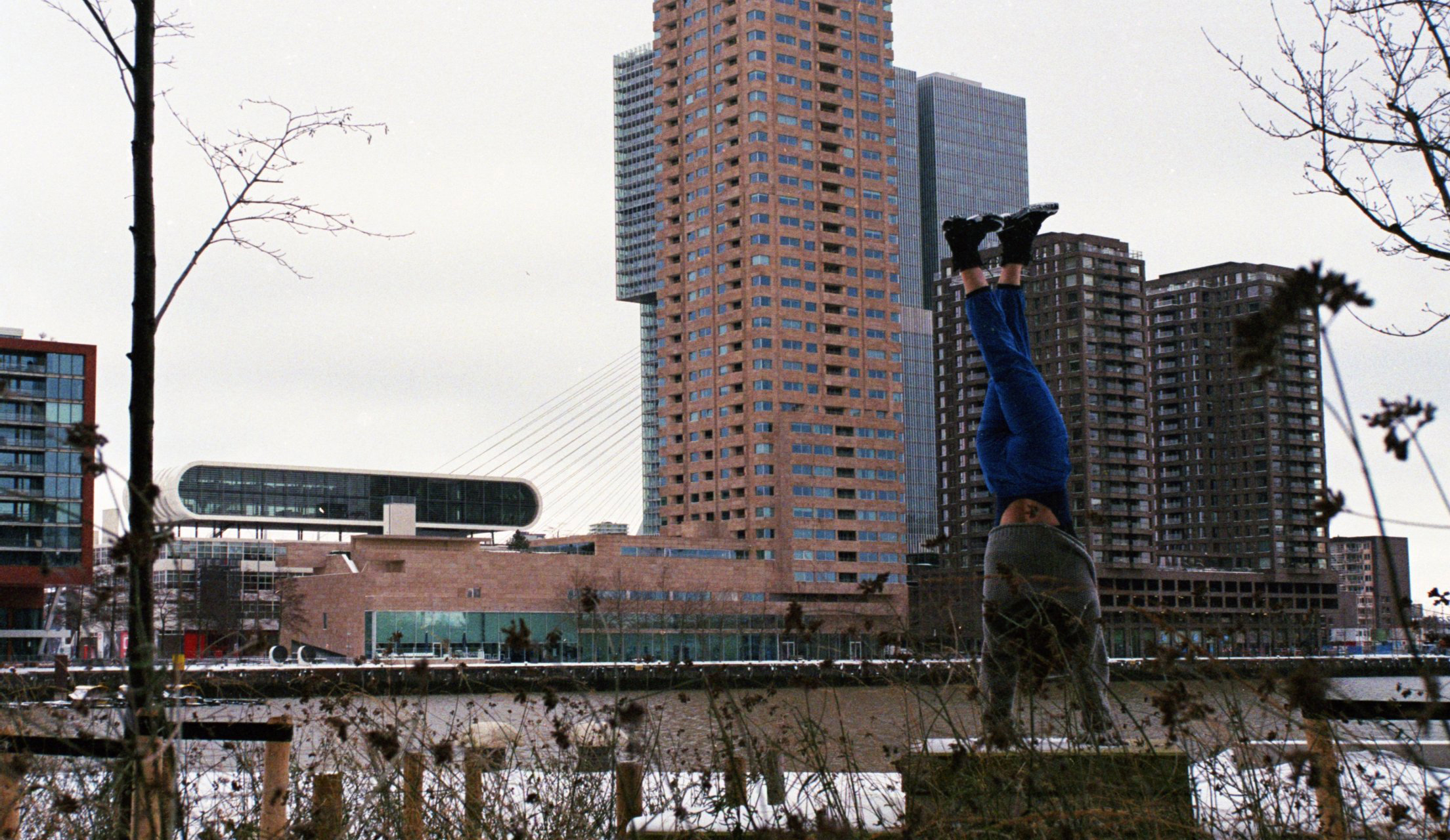 Handstand against Rotterdam Katendrecht skyline